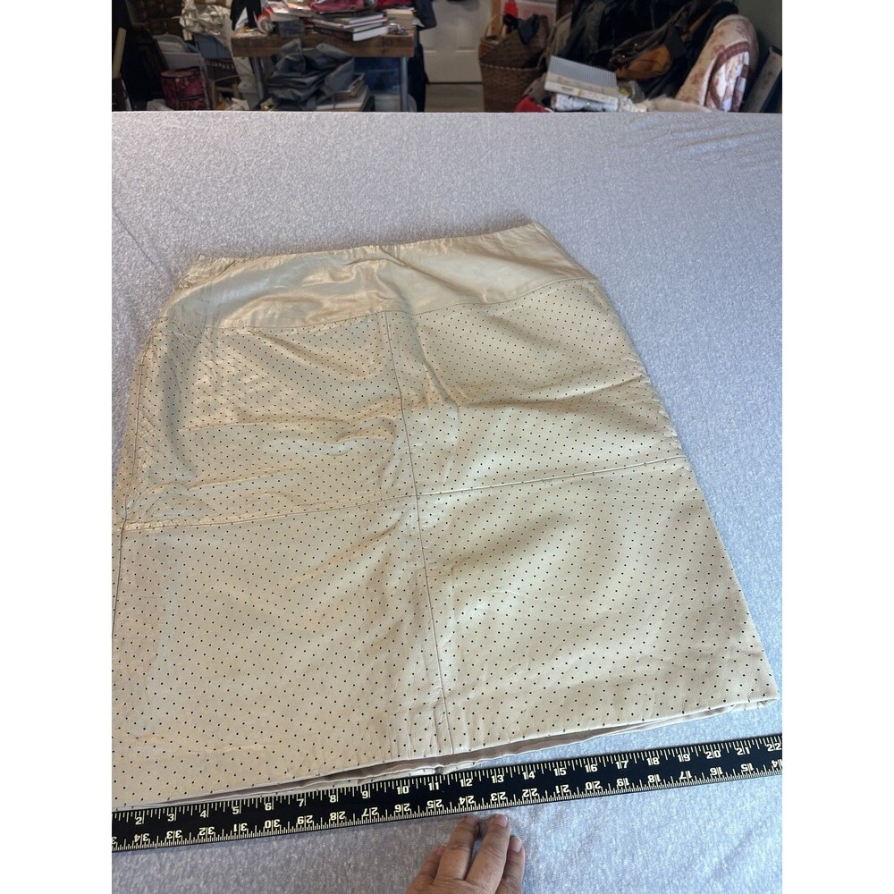Terry Lewis Leather Skirt Tan Polka Dot Perforations NWT Womens 16 Beige